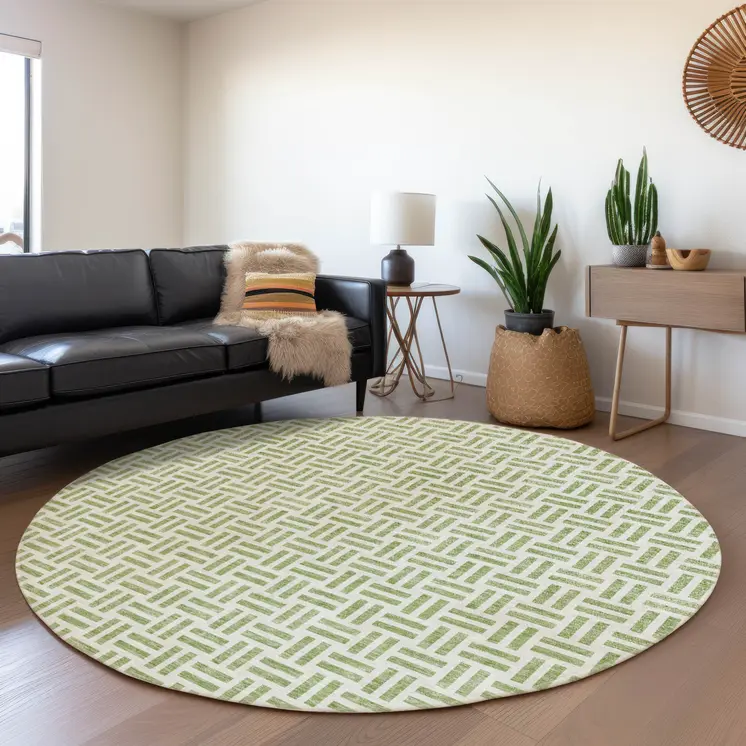 8' Sage And Ivory Round Geometric Washable Indoor Outdoor Area Rug