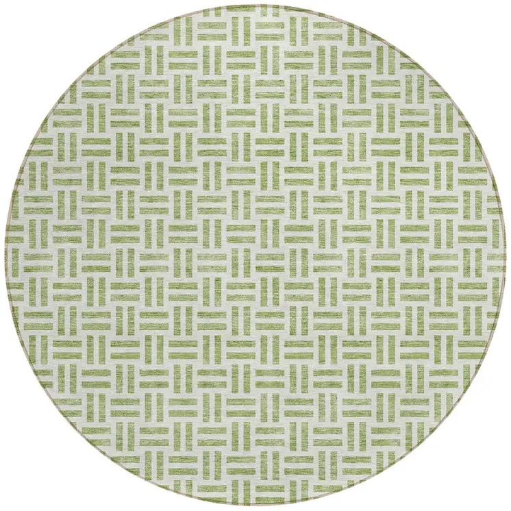 8' Sage And Ivory Round Geometric Washable Indoor Outdoor Area Rug
