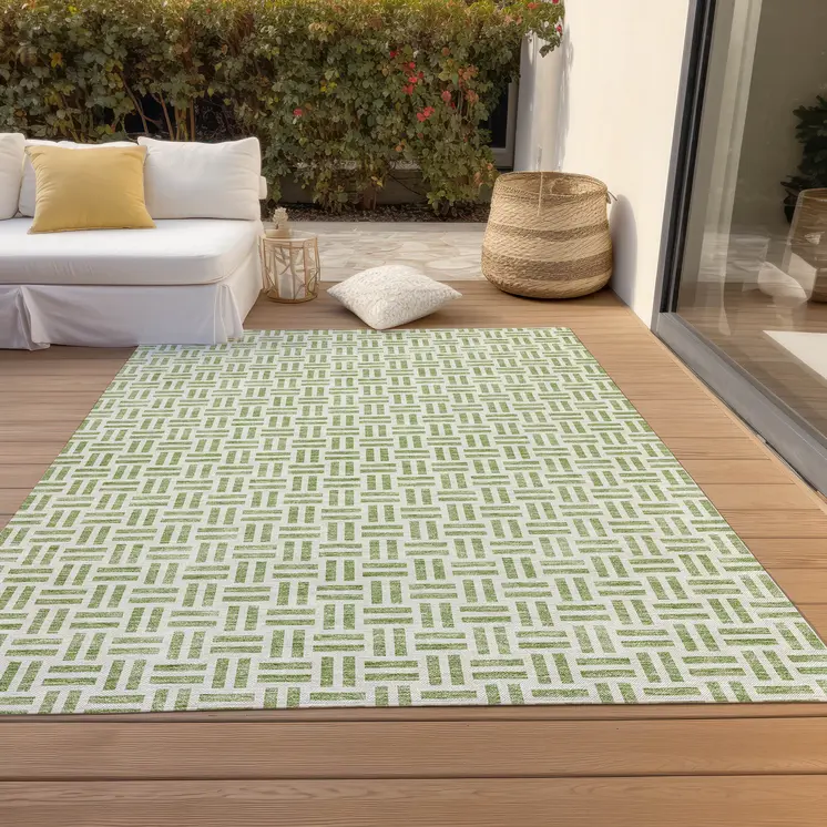 8' X 10' Sage And Ivory Geometric Washable Indoor Outdoor Area Rug