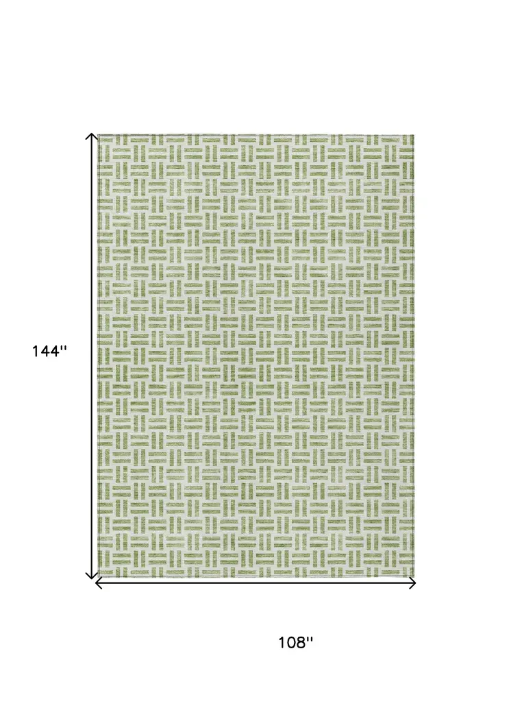 9' X 12' Sage And Ivory Geometric Washable Indoor Outdoor Area Rug