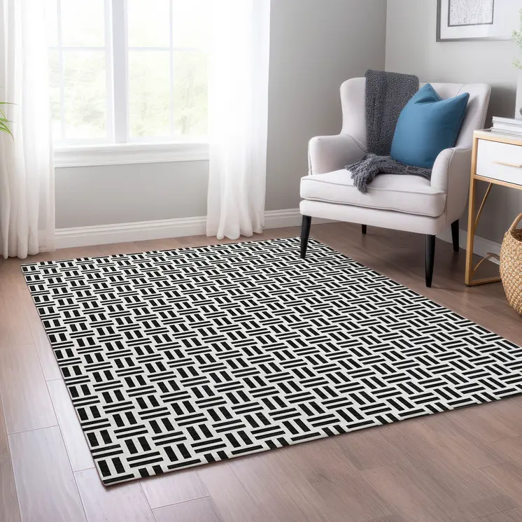 3' X 5' Black And Ivory Geometric Washable Indoor Outdoor Area Rug