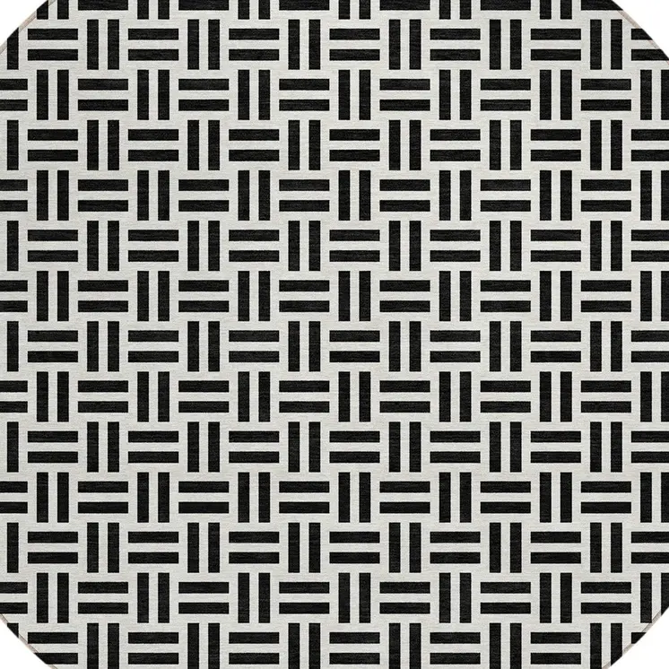 8' Black And Ivory Round Geometric Washable Indoor Outdoor Area Rug