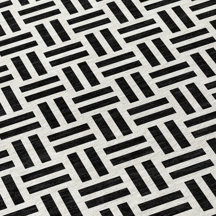 8' Black And Ivory Round Geometric Washable Indoor Outdoor Area Rug