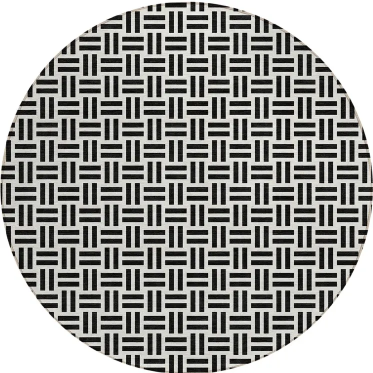 8' Black And Ivory Round Geometric Washable Indoor Outdoor Area Rug