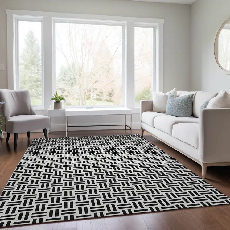 8' X 10' Black And Ivory Geometric Washable Indoor Outdoor Area Rug