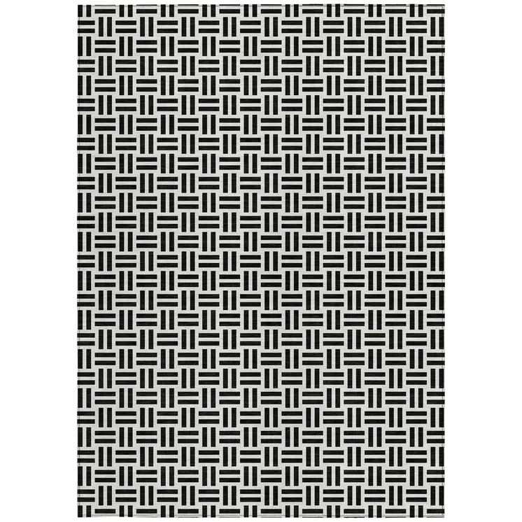 9' X 12' Black And Ivory Geometric Washable Indoor Outdoor Area Rug