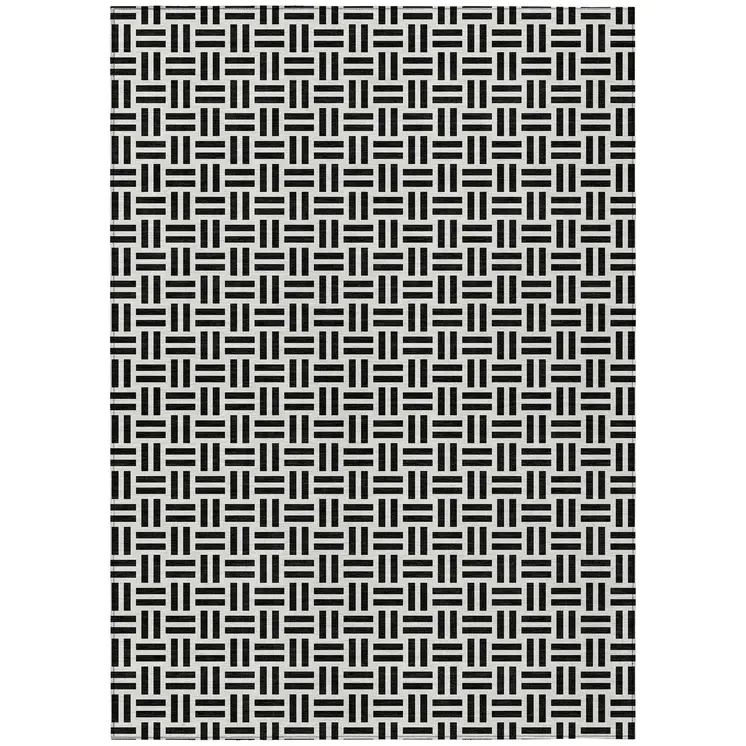 9' X 12' Black And Ivory Geometric Washable Indoor Outdoor Area Rug