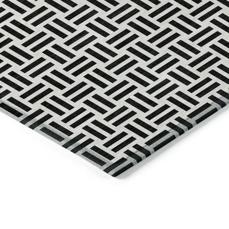 9' X 12' Black And Ivory Geometric Washable Indoor Outdoor Area Rug