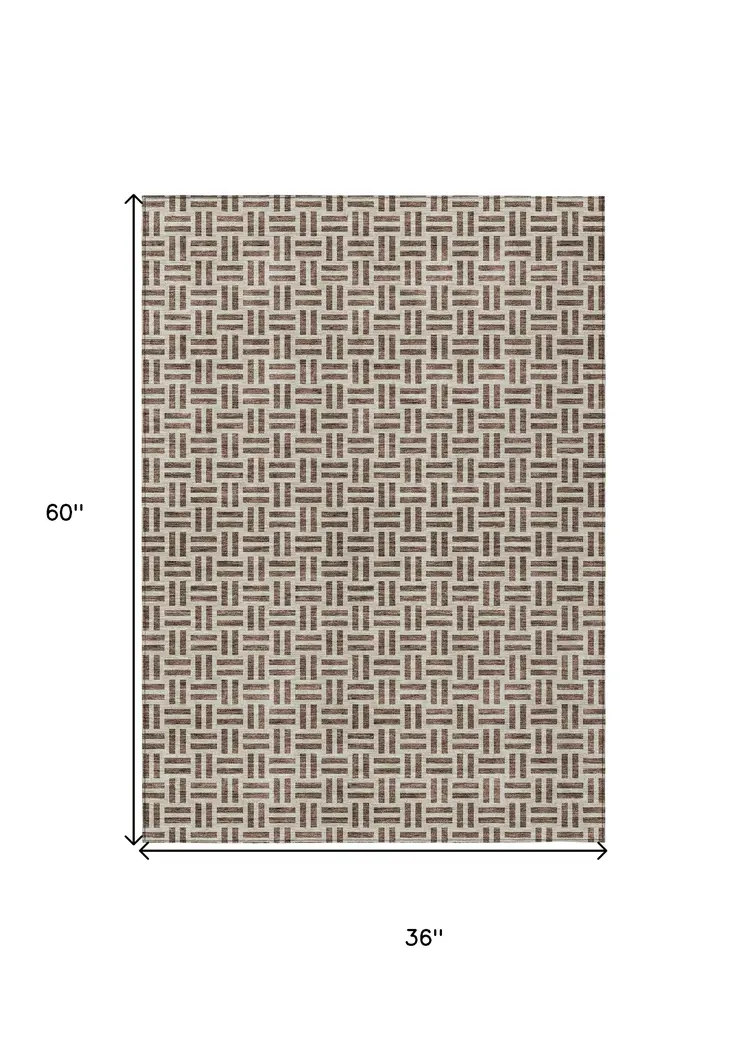 3' X 5' Chocolate And Ivory Geometric Washable Indoor Outdoor Area Rug
