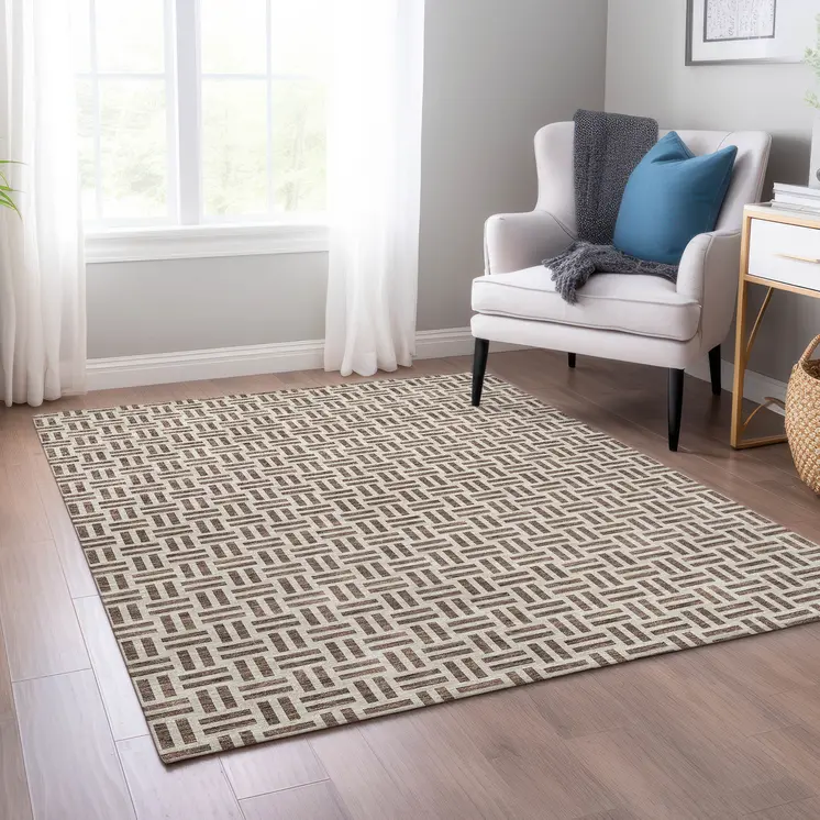 3' X 5' Chocolate And Ivory Geometric Washable Indoor Outdoor Area Rug