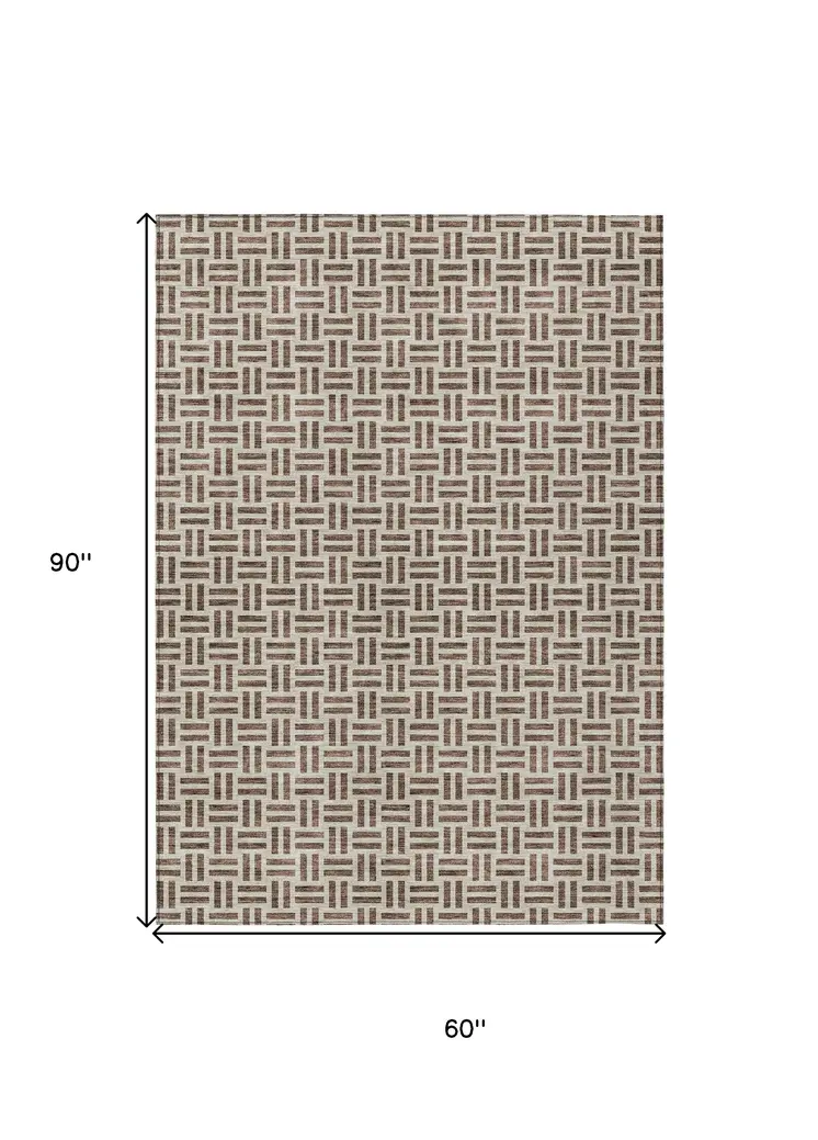 5' X 8' Chocolate And Ivory Geometric Washable Indoor Outdoor Area Rug