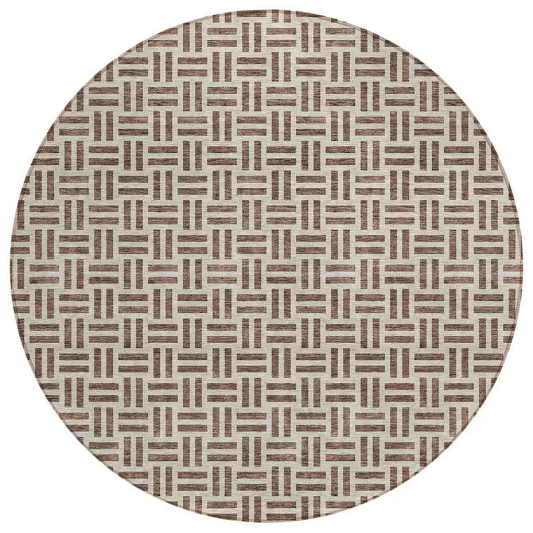 8' Chocolate And Ivory Round Geometric Washable Indoor Outdoor Area Rug