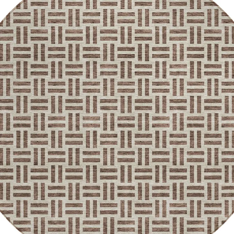 8' Chocolate And Ivory Round Geometric Washable Indoor Outdoor Area Rug