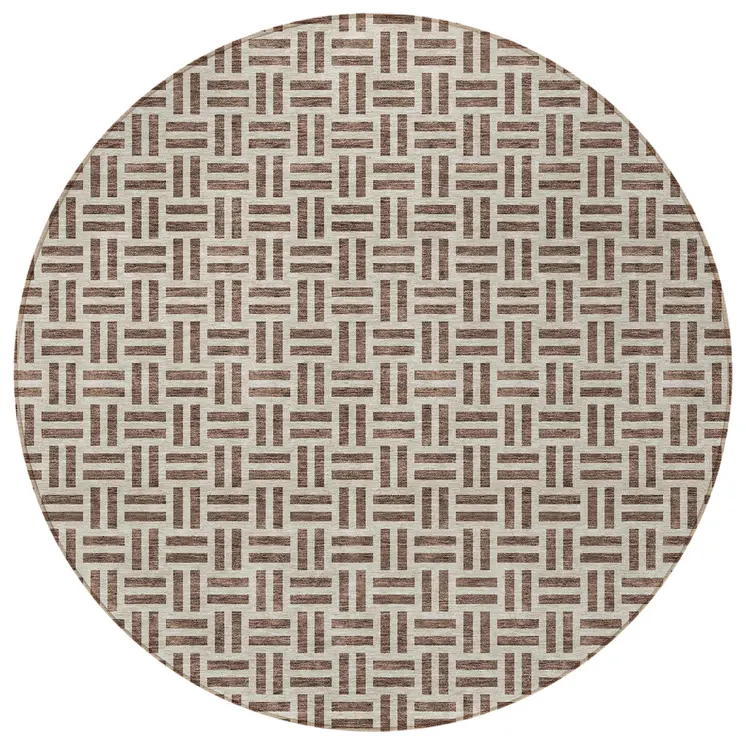 8' Chocolate And Ivory Round Geometric Washable Indoor Outdoor Area Rug