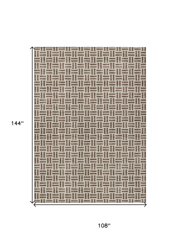 9' X 12' Chocolate And Ivory Geometric Washable Indoor Outdoor Area Rug