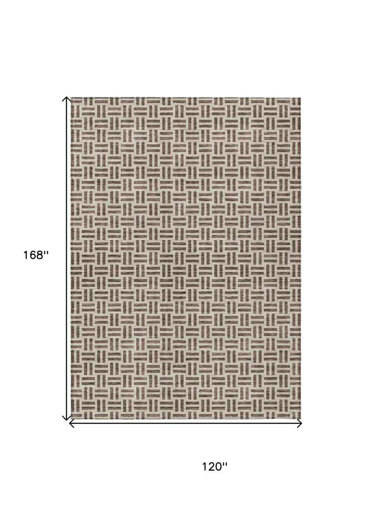 10' X 14' Chocolate And Ivory Geometric Washable Indoor Outdoor Area Rug