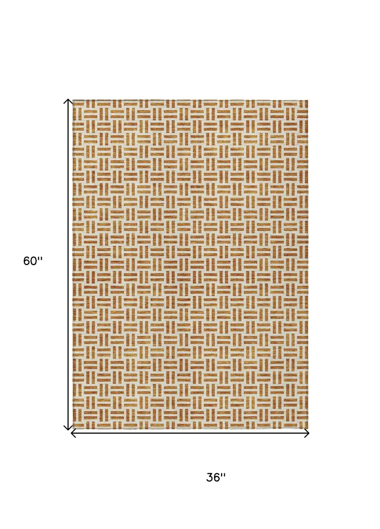 3' X 5' Copper And Ivory Geometric Washable Indoor Outdoor Area Rug