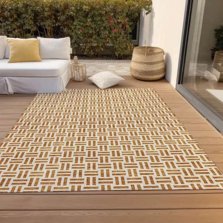 5' X 8' Copper And Ivory Geometric Washable Indoor Outdoor Area Rug