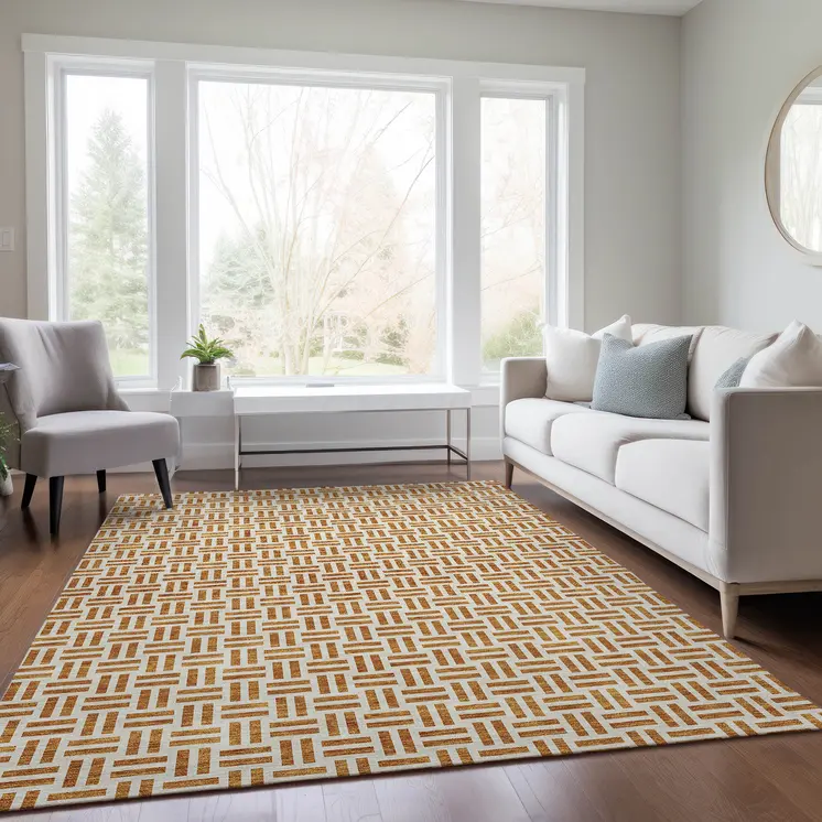 5' X 8' Copper And Ivory Geometric Washable Indoor Outdoor Area Rug