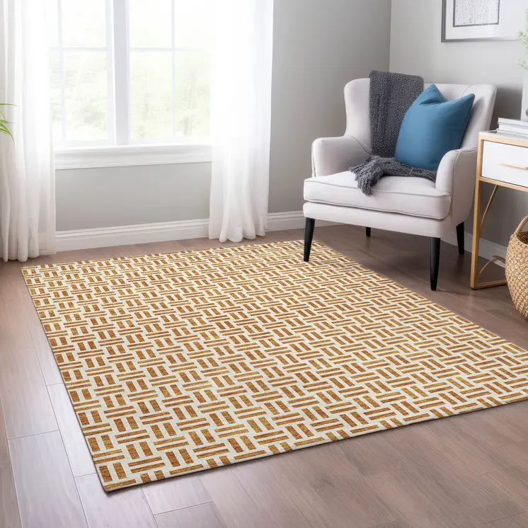 5' X 8' Copper And Ivory Geometric Washable Indoor Outdoor Area Rug
