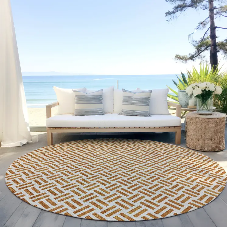 8' Copper And Ivory Round Geometric Washable Indoor Outdoor Area Rug