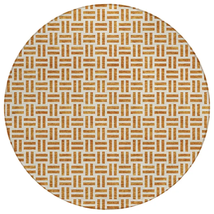 8' Copper And Ivory Round Geometric Washable Indoor Outdoor Area Rug