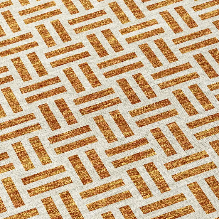 8' Copper And Ivory Round Geometric Washable Indoor Outdoor Area Rug