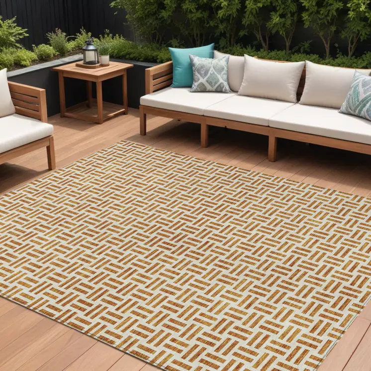 9' X 12' Copper And Ivory Geometric Washable Indoor Outdoor Area Rug