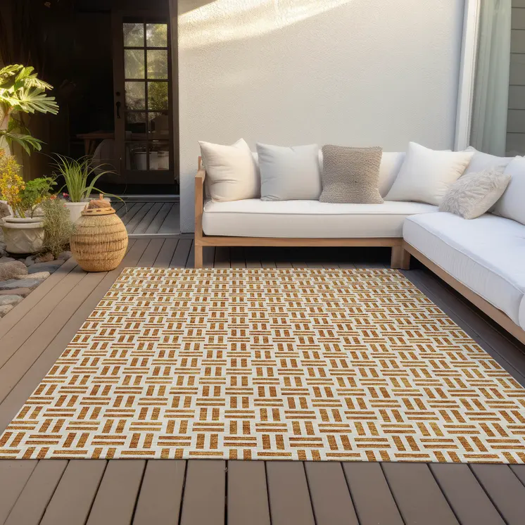 9' X 12' Copper And Ivory Geometric Washable Indoor Outdoor Area Rug
