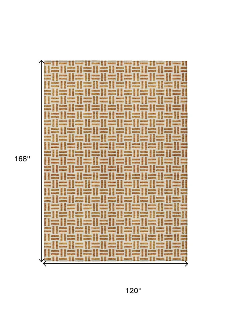 10' X 14' Copper And Ivory Geometric Washable Indoor Outdoor Area Rug