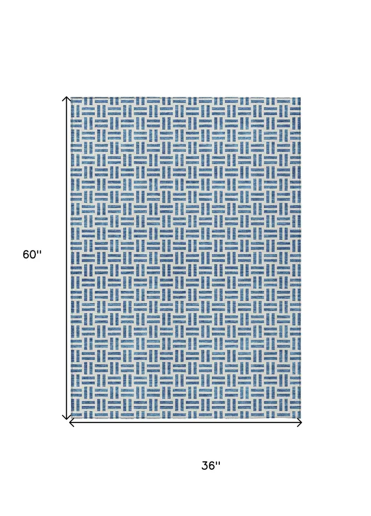 3' X 5' Denim Blue And Ivory Geometric Washable Indoor Outdoor Area Rug