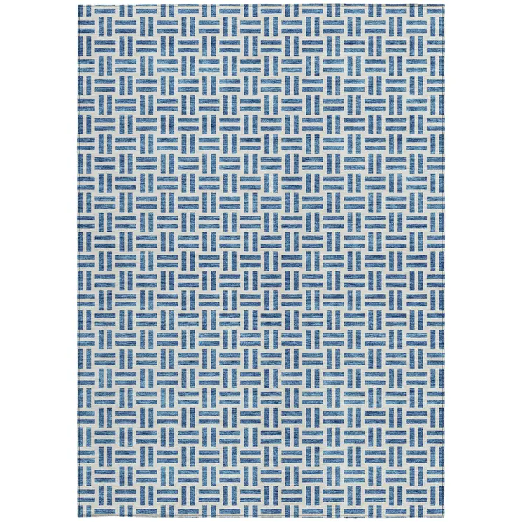 3' X 5' Denim Blue And Ivory Geometric Washable Indoor Outdoor Area Rug