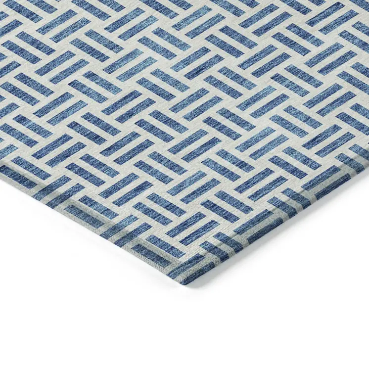 5' X 8' Denim Blue And Ivory Geometric Washable Indoor Outdoor Area Rug