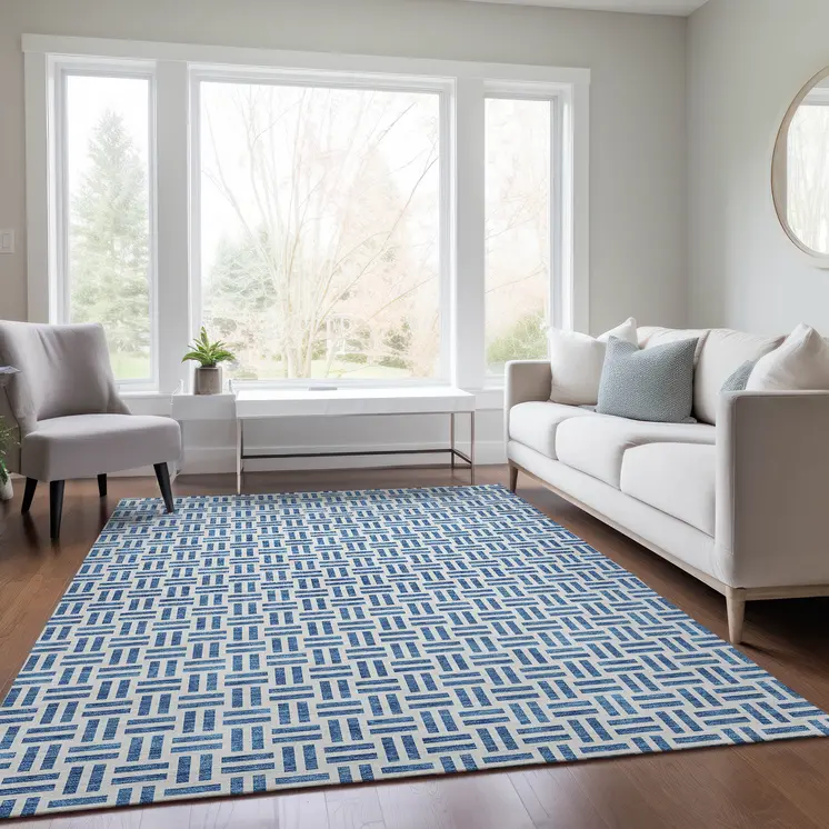 5' X 8' Denim Blue And Ivory Geometric Washable Indoor Outdoor Area Rug