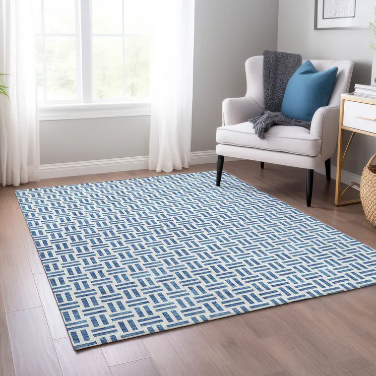 5' X 8' Denim Blue And Ivory Geometric Washable Indoor Outdoor Area Rug