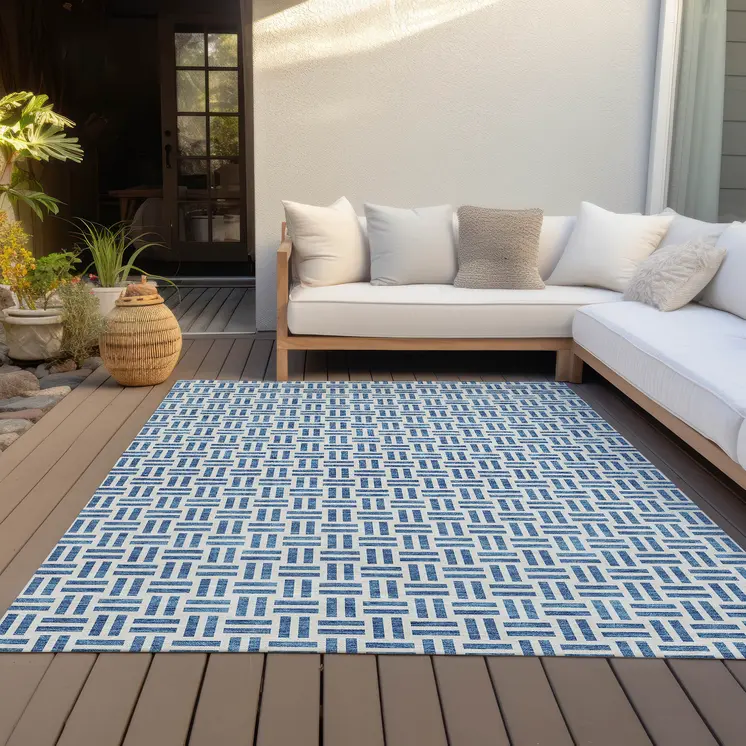 5' X 8' Denim Blue And Ivory Geometric Washable Indoor Outdoor Area Rug