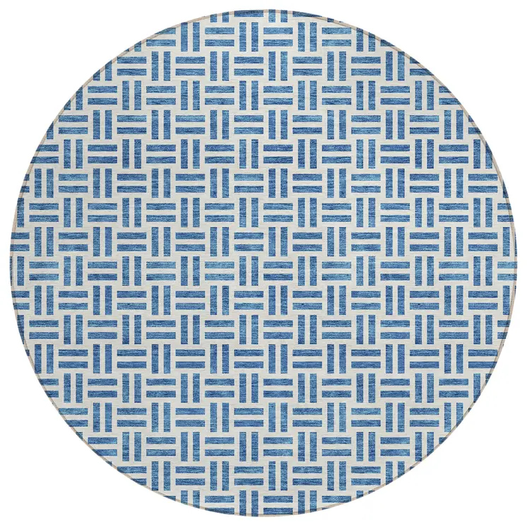 8' Denim Blue And Ivory Round Geometric Washable Indoor Outdoor Area Rug
