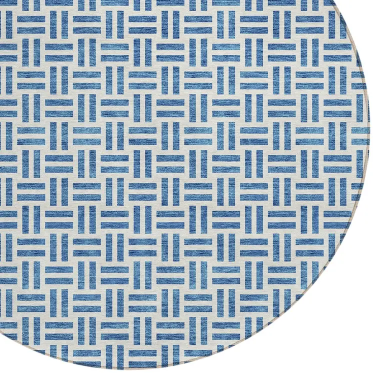 8' Denim Blue And Ivory Round Geometric Washable Indoor Outdoor Area Rug