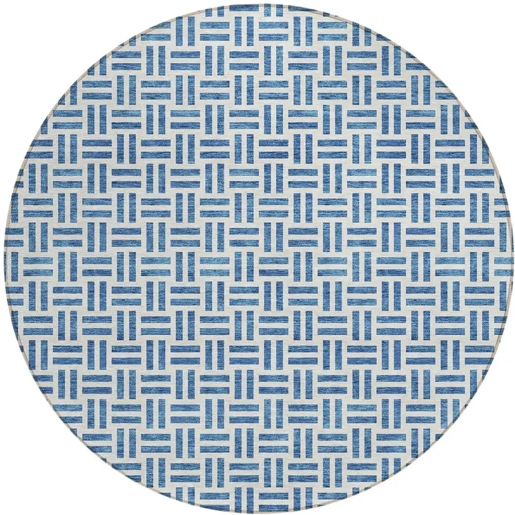 8' Denim Blue And Ivory Round Geometric Washable Indoor Outdoor Area Rug