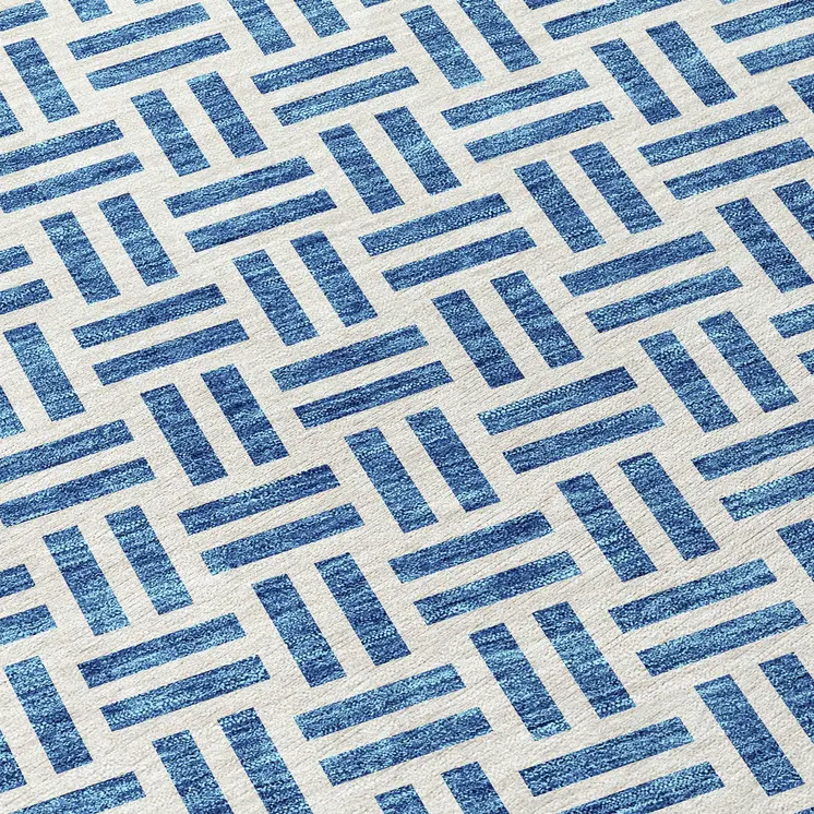 8' Denim Blue And Ivory Round Geometric Washable Indoor Outdoor Area Rug