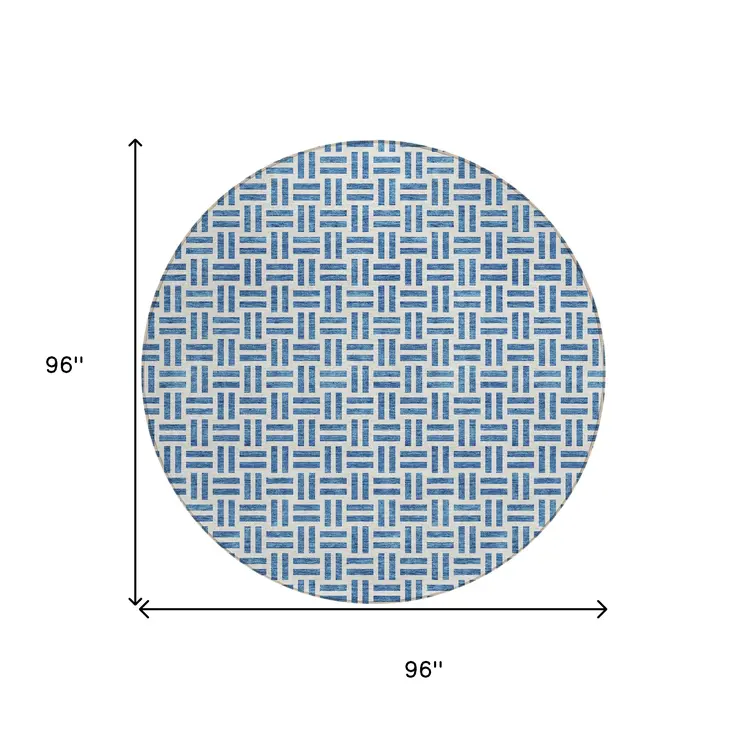 8' Denim Blue And Ivory Round Geometric Washable Indoor Outdoor Area Rug