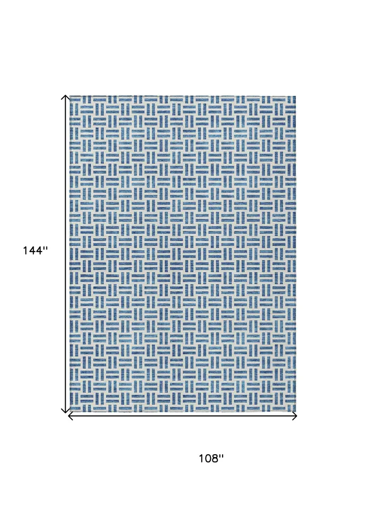 9' X 12' Denim Blue And Ivory Geometric Washable Indoor Outdoor Area Rug