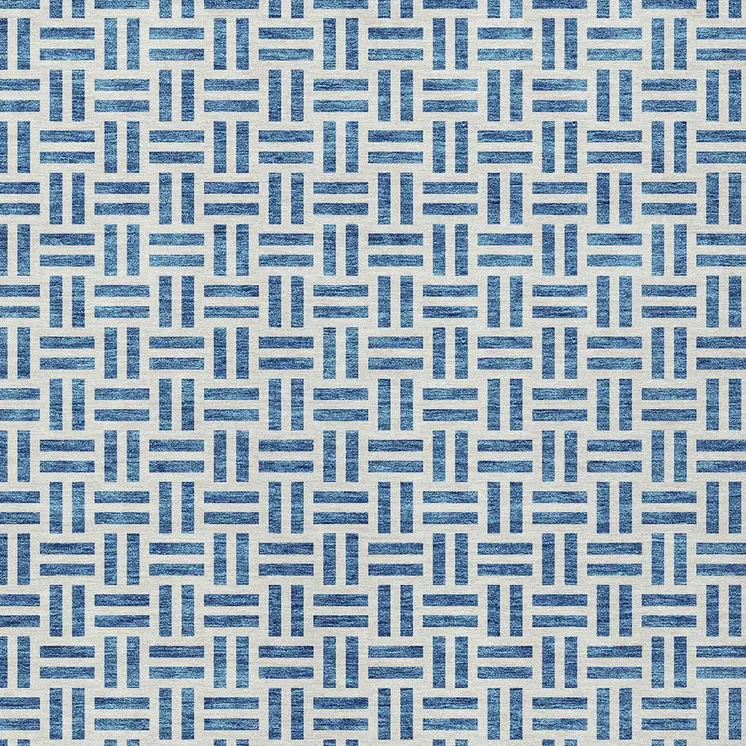 9' X 12' Denim Blue And Ivory Geometric Washable Indoor Outdoor Area Rug