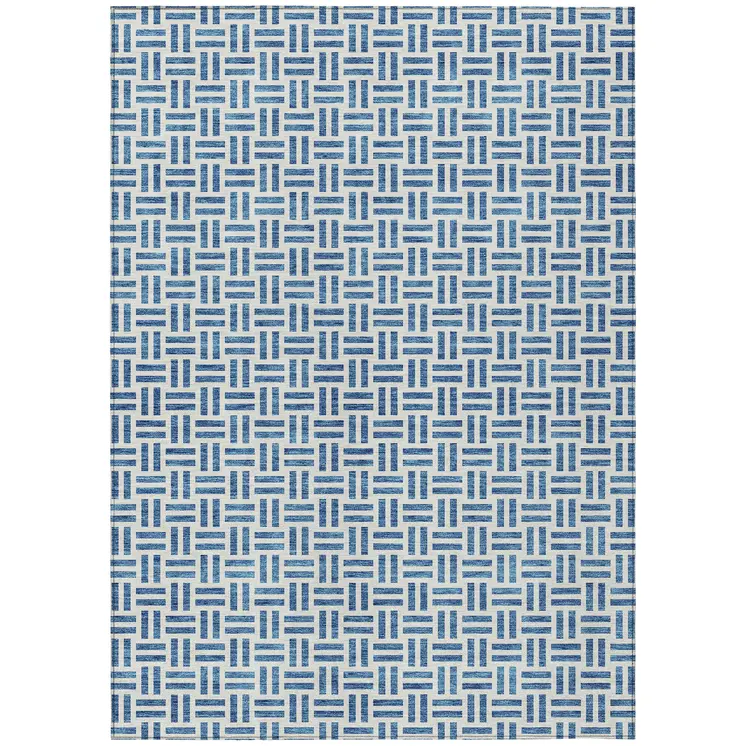 10' X 14' Denim Blue And Ivory Geometric Washable Indoor Outdoor Area Rug