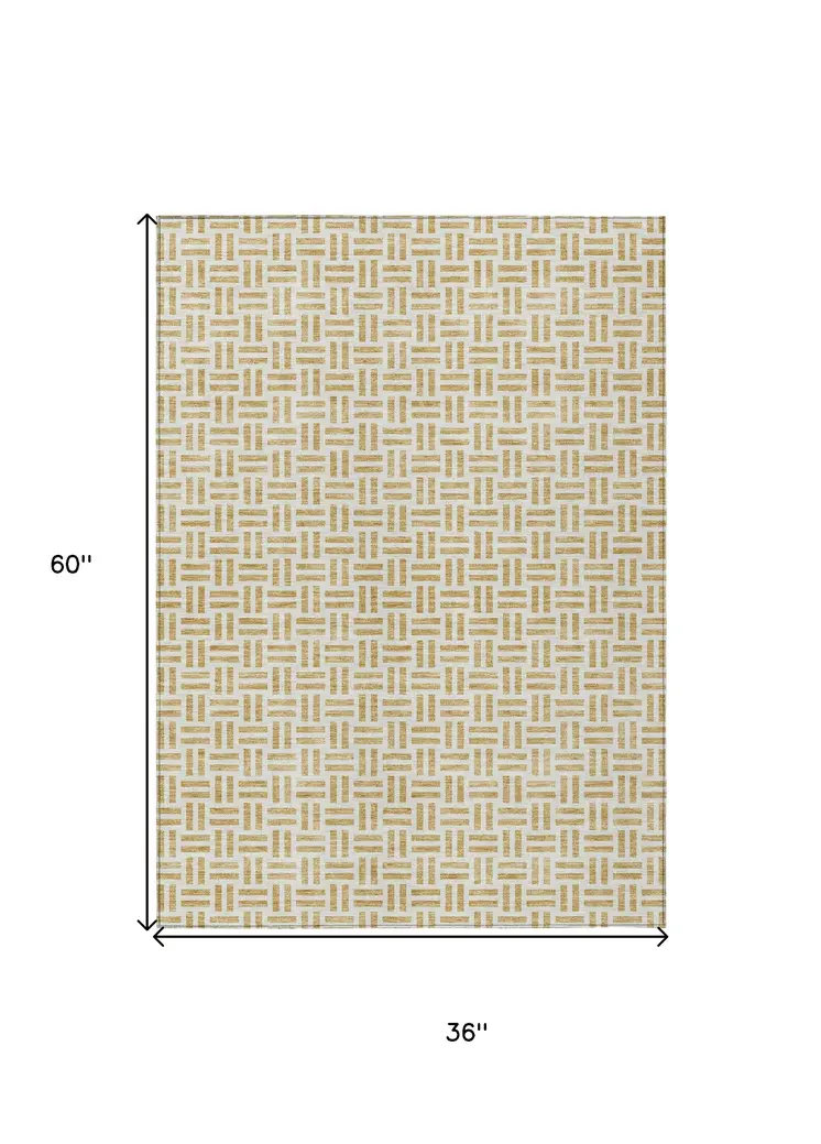 3' X 5' Gold And Ivory Geometric Washable Indoor Outdoor Area Rug