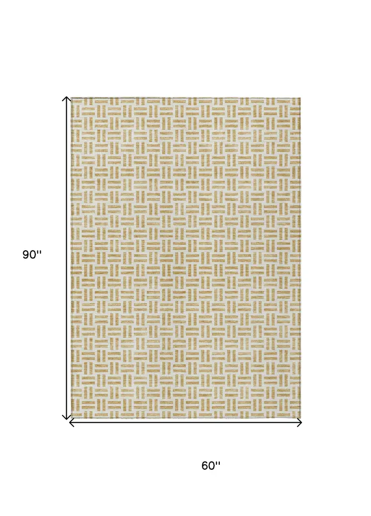 5' X 8' Gold And Ivory Geometric Washable Indoor Outdoor Area Rug