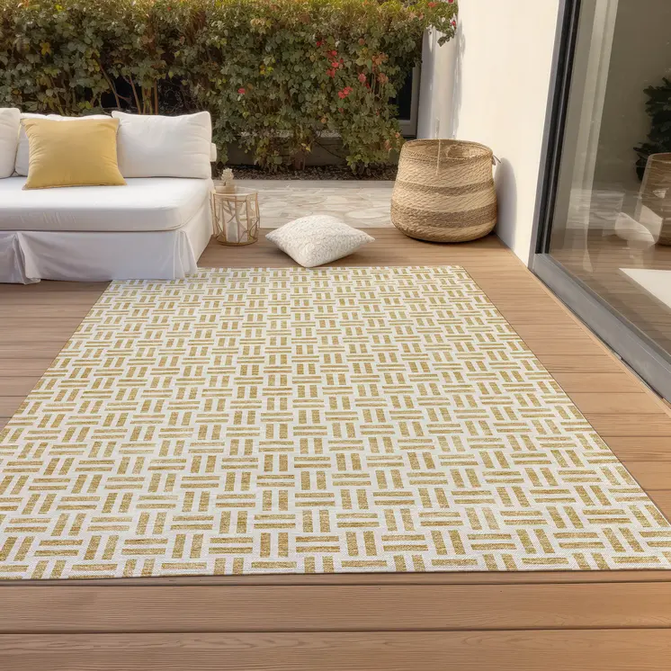 5' X 8' Gold And Ivory Geometric Washable Indoor Outdoor Area Rug
