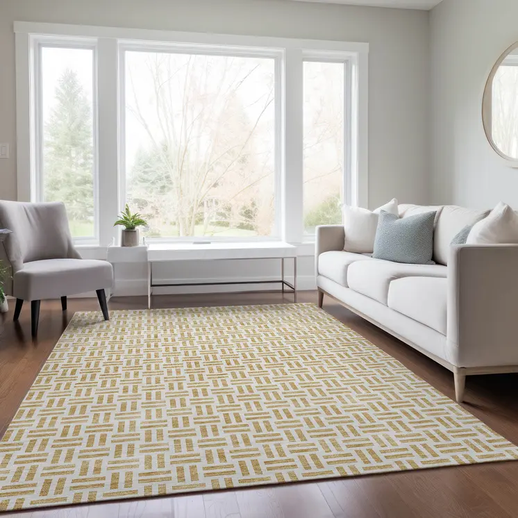 5' X 8' Gold And Ivory Geometric Washable Indoor Outdoor Area Rug