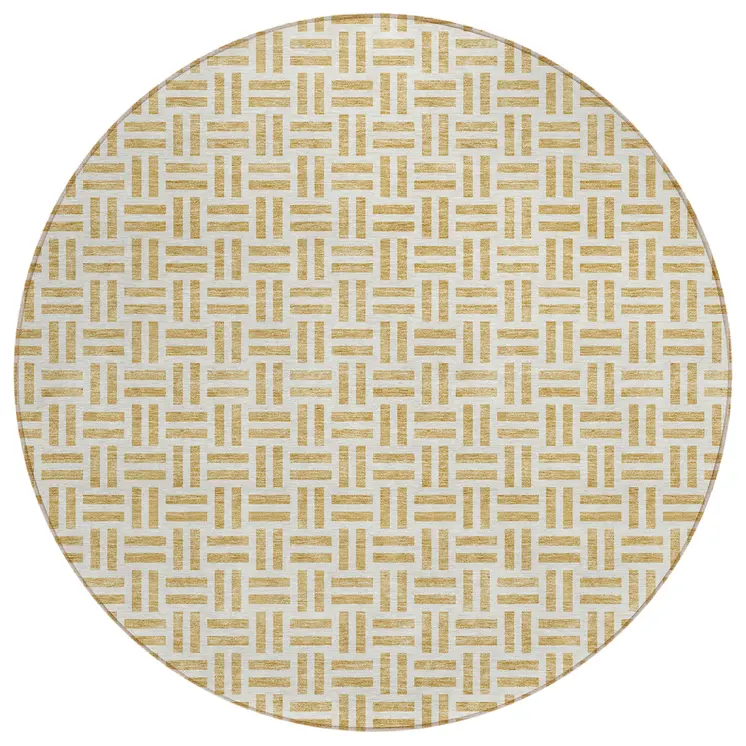 8' Gold And Ivory Round Geometric Washable Indoor Outdoor Area Rug