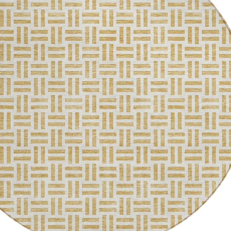 8' Gold And Ivory Round Geometric Washable Indoor Outdoor Area Rug